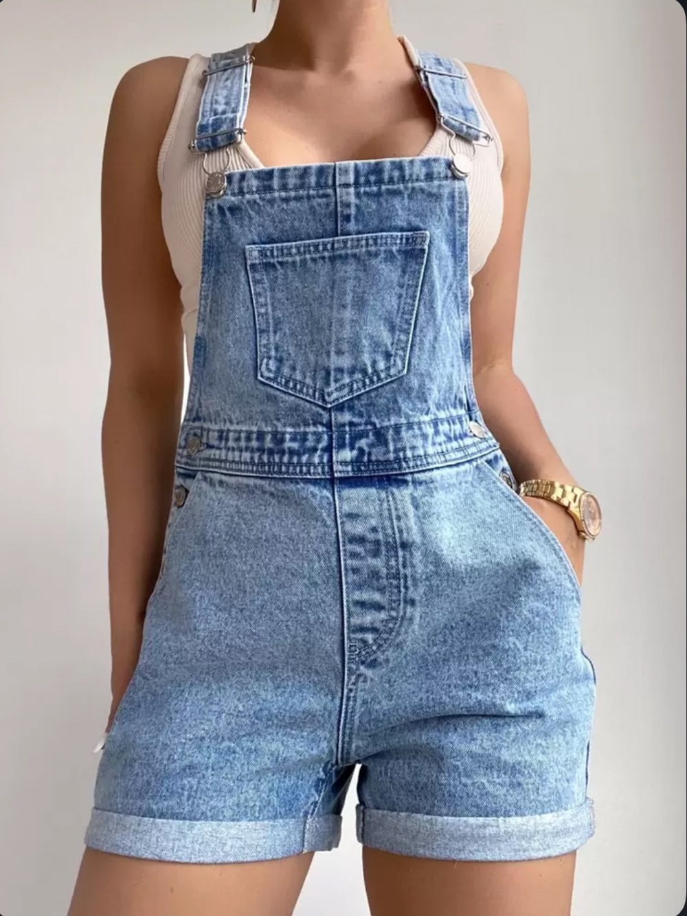 SHEIN Light Wash Denim Overall Shorts Sz US 6